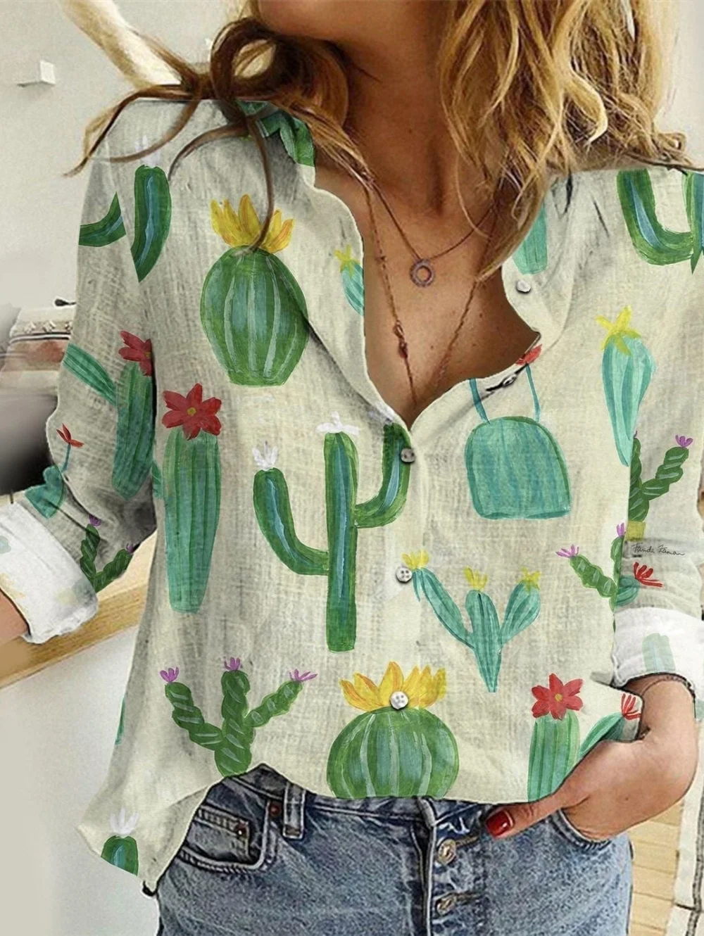 Women’s Size XXL Novelty Cactus Print Button-Down Shirt Western Rodeo - Picture 1 of 9